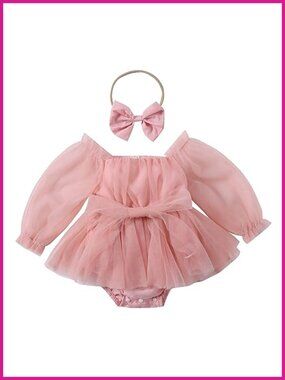 Newborn Baby Girl Romper Dress Flower Embroidery Tutu Puff Sleeve 2Pcs Set